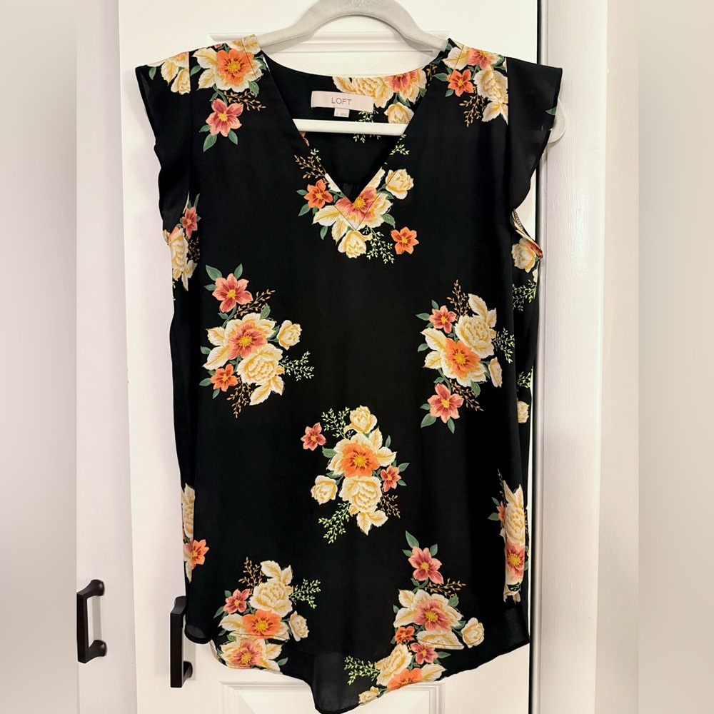 LOFT Black Top with Yellow and Orange Floral Design